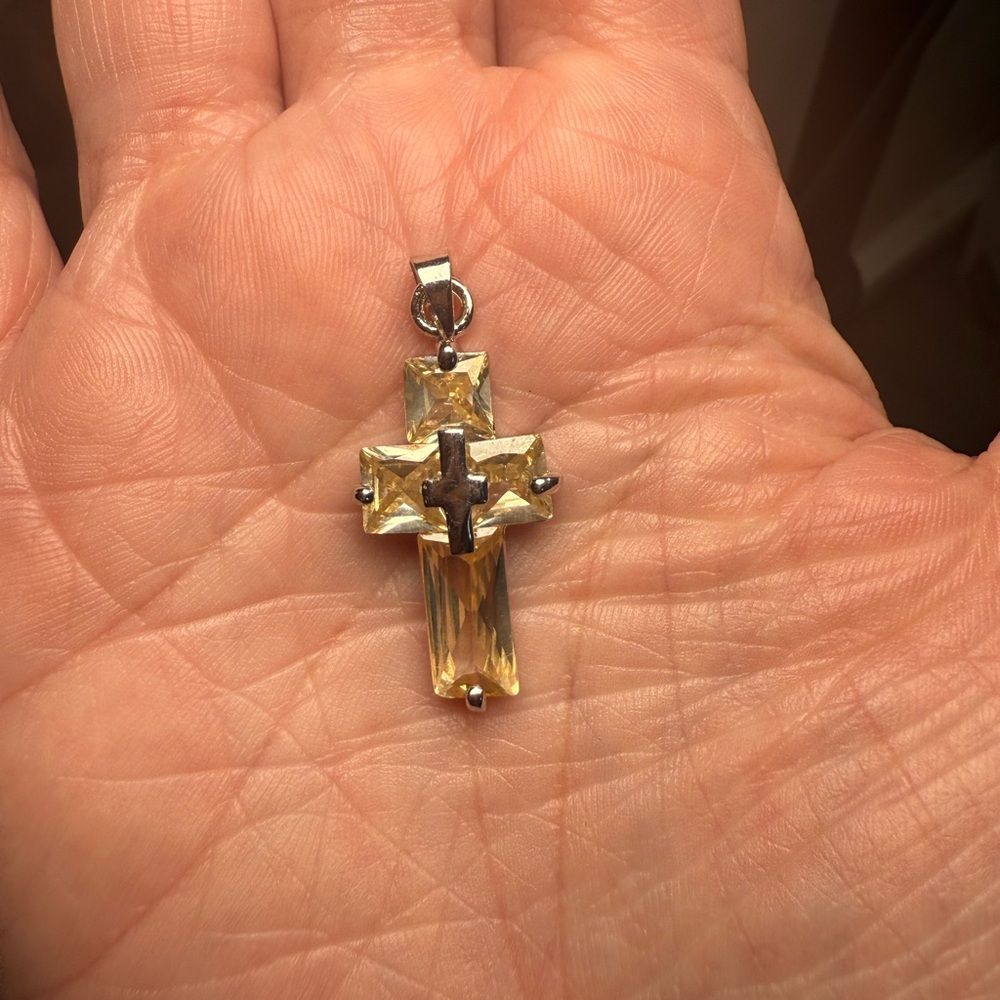 Gold and Clear Crystal with Silver‎ Tone Religious Cross Pendant